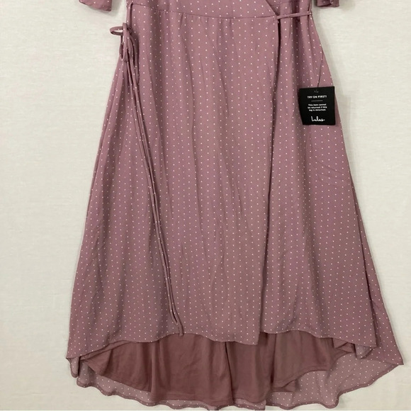New Lulu's Mauve Color Polka Dot Soft Flowy Wrap Belted Midi Dress Medium - Picture 3 of 11